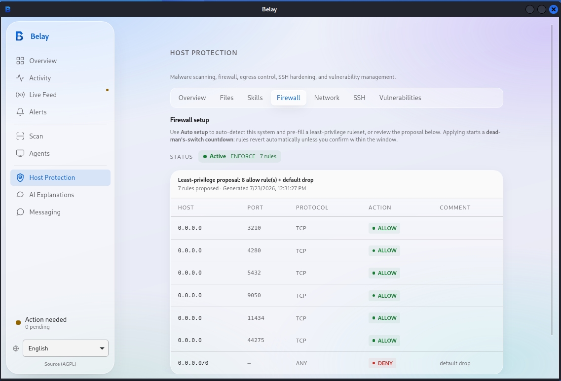 Belay Host Protection: a native firewall rules table with allow and deny actions per destination