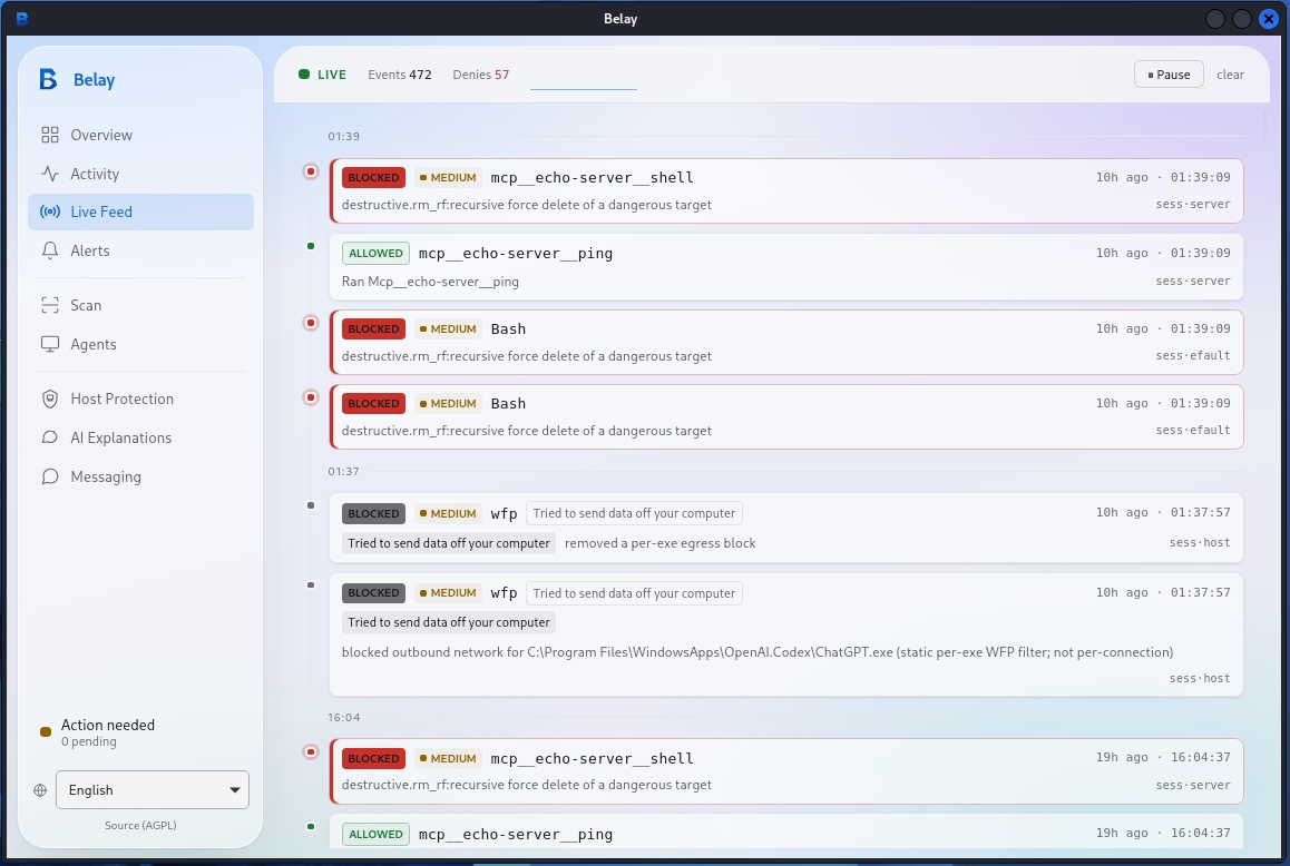Belay Live Feed: a real-time stream of allowed and blocked tool calls, with blocked reverse-shell and secret-read attempts in red